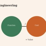 Flat vector illustration of two circles labeled function and cost representing the value engineering equation of value equals function over cost