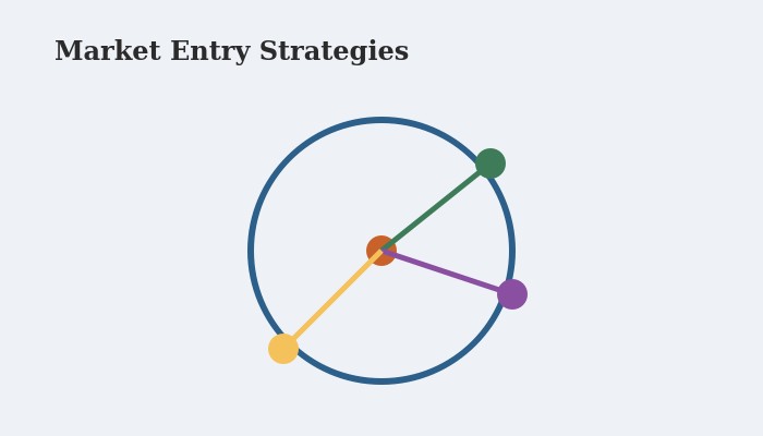Flat vector illustration of a central circle with radiating lines to smaller circles representing different market entry strategy paths