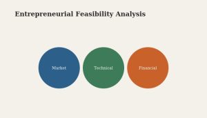 Flat vector illustration of three connected circles labeled market, technical, and financial representing the dimensions of feasibility analysis