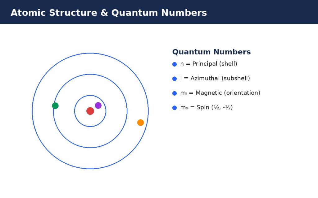 Vector illustration of an atom with electron shells and a list of the four quantum numbers used in atomic structure