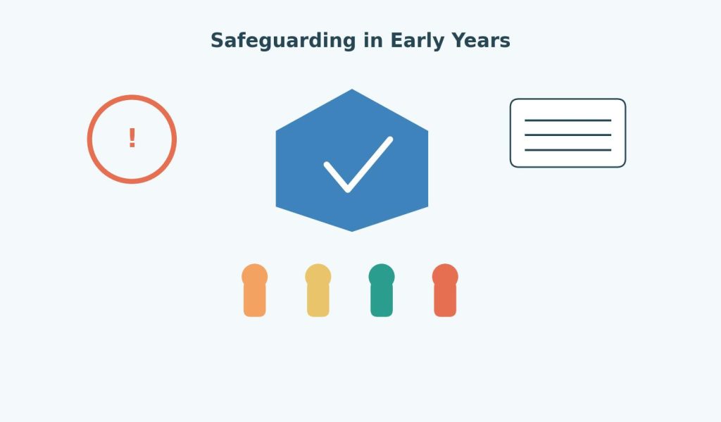 Illustration of a protective shield over children symbolizing safeguarding legislation and reporting procedures in early years settings.