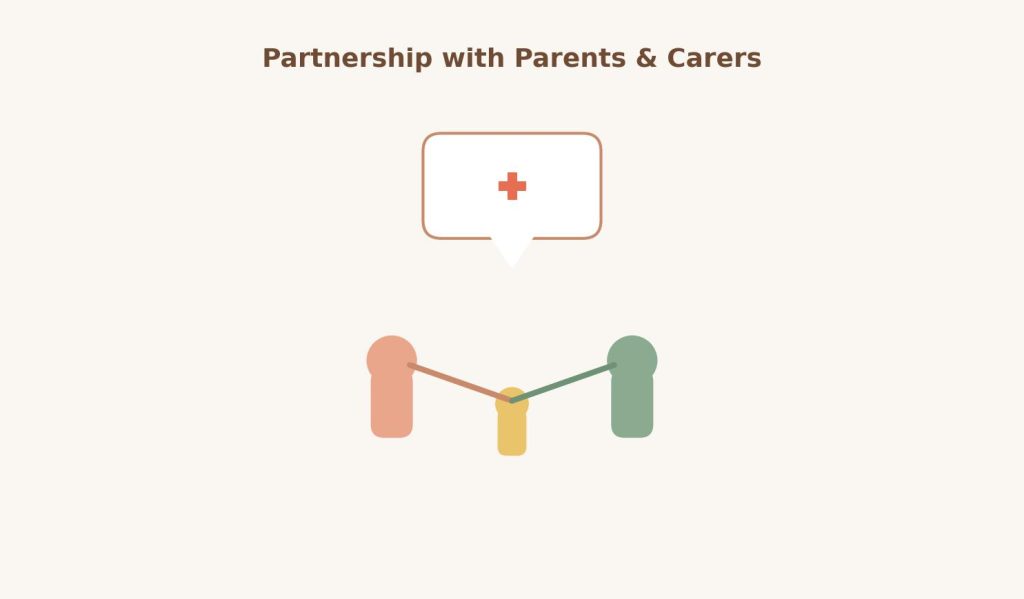 Illustration of a parent, carer, and child holding hands together, representing partnership working in early years settings.