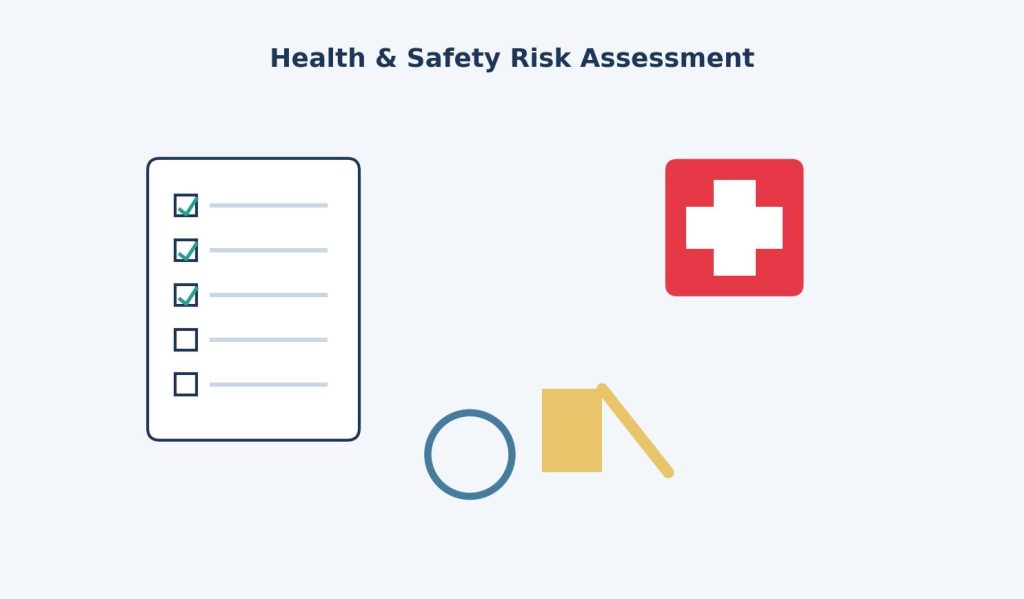 Illustration of a clipboard, first aid symbol, and outdoor play area representing health and safety risk assessment in early years settings.