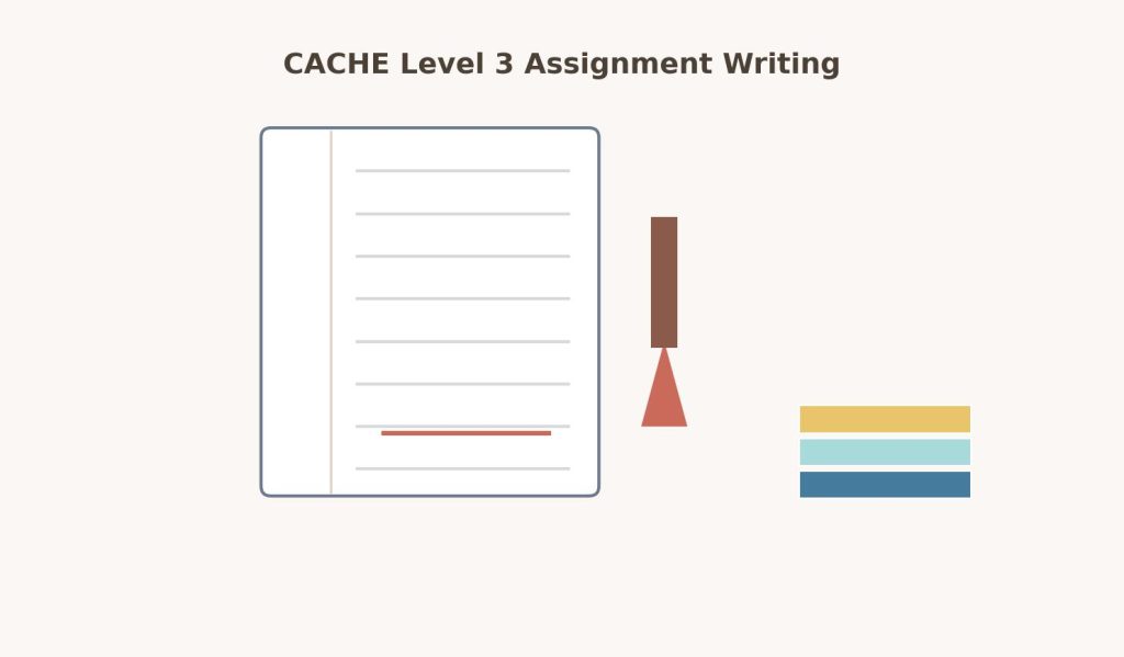 Illustration of a notebook, pen, and books representing assignment writing and referencing guidance for CACHE Level 3 students.