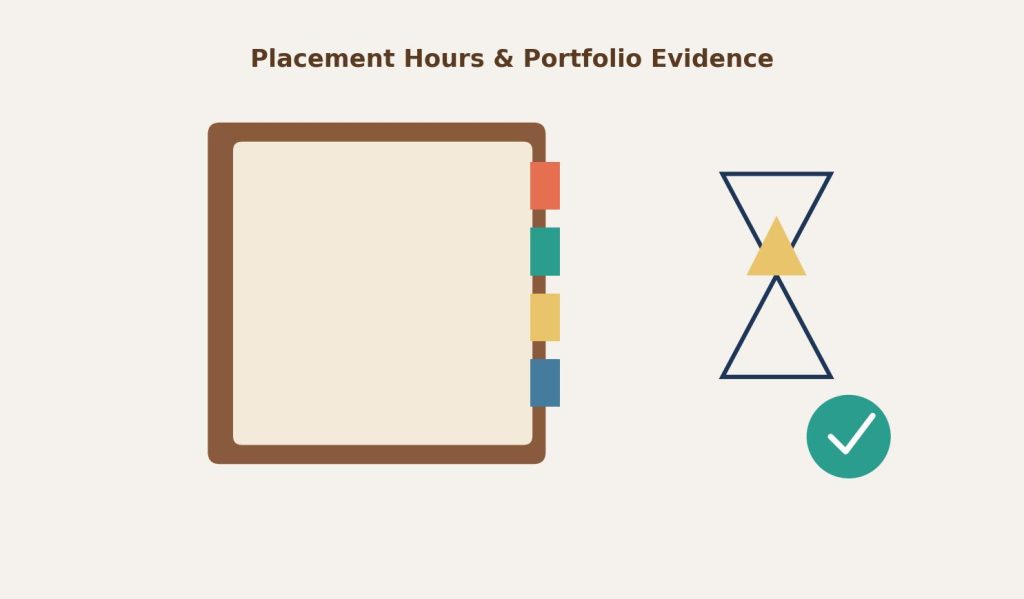 Illustration of a portfolio folder with tabs and an hourglass, representing placement hours and portfolio evidence requirements for CACHE Level 3.