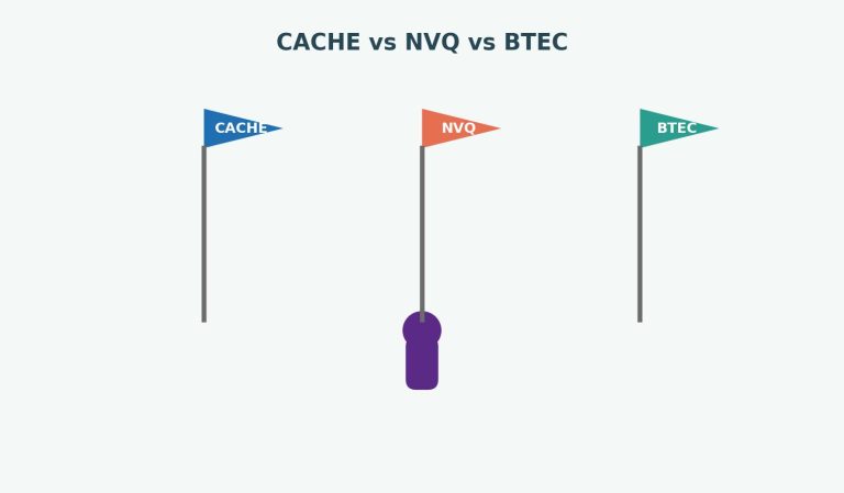llustration of three signposts labeled CACHE, NVQ, and BTEC around a student figure, representing a comparison of childcare qualification routes.