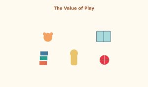 Illustration of a child surrounded by toys, representing the value of play for babies and young children.