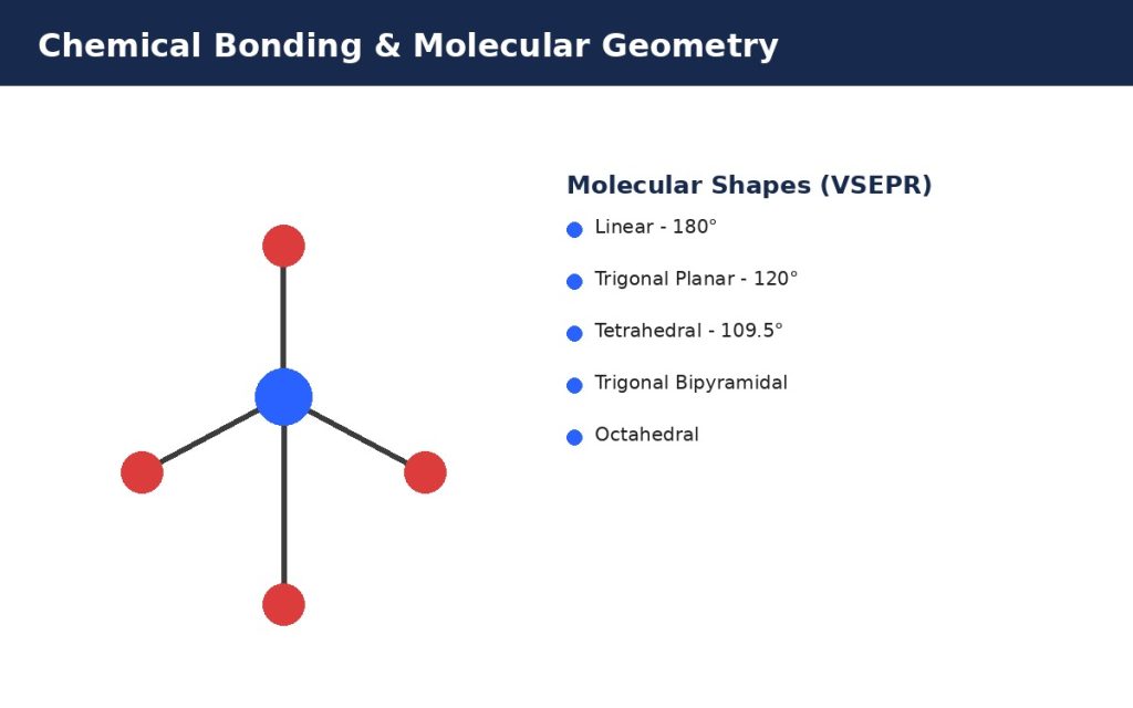 Vector illustration of a tetrahedral molecule with bond lines and a list of common VSEPR molecular shapes