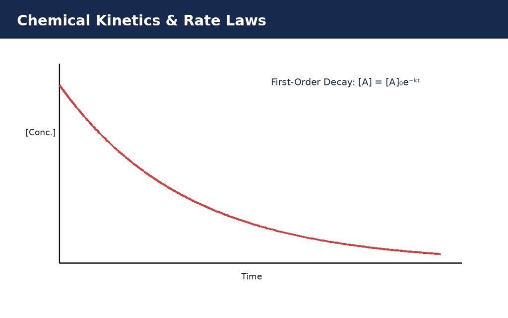 Vector illustration of a first-order reaction decay curve showing concentration decreasing exponentially over time