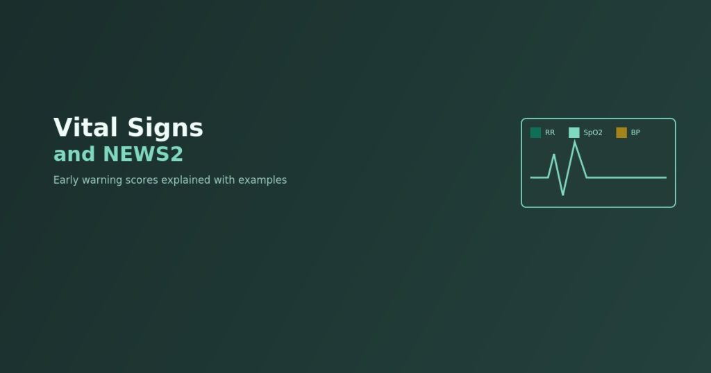 Vital signs monitoring feature image showing a heart rate and vital signs chart icon, on a dark green background, titled "Vital Signs and Early Warning Scores (NEWS2) Explained"