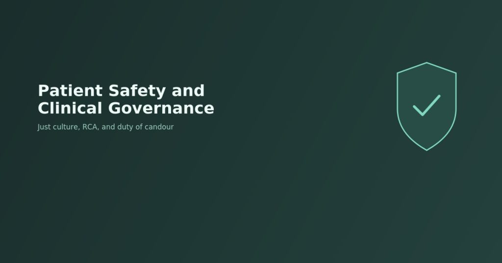 Patient safety feature image showing a shield icon with a checkmark, on a dark green background, titled "Patient Safety and Clinical Governance Explained"