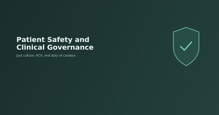 Patient safety feature image showing a shield icon with a checkmark, on a dark green background, titled "Patient Safety and Clinical Governance Explained"