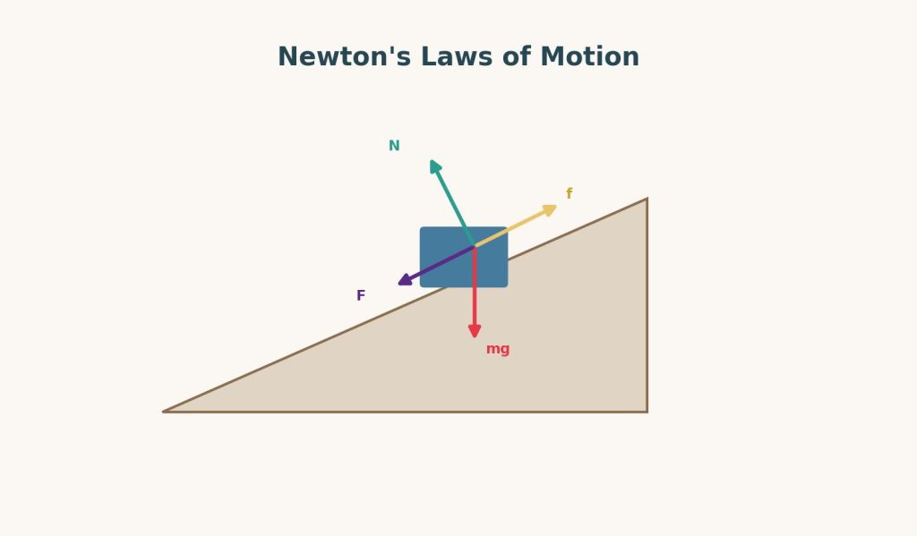 Illustration of a block on an inclined plane with labeled force vectors, representing a free-body diagram for Newton's laws of motion.