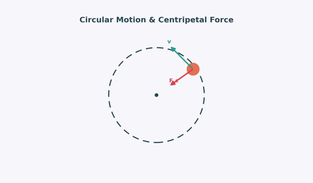 Illustration of a ball on a circular path with inward centripetal force and tangential velocity arrows, representing circular motion in physics.