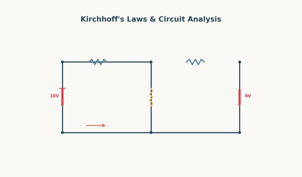 Illustration of a two-loop circuit diagram with resistors, a battery, and labeled current directions, representing Kirchhoff's laws in circuit analysis.