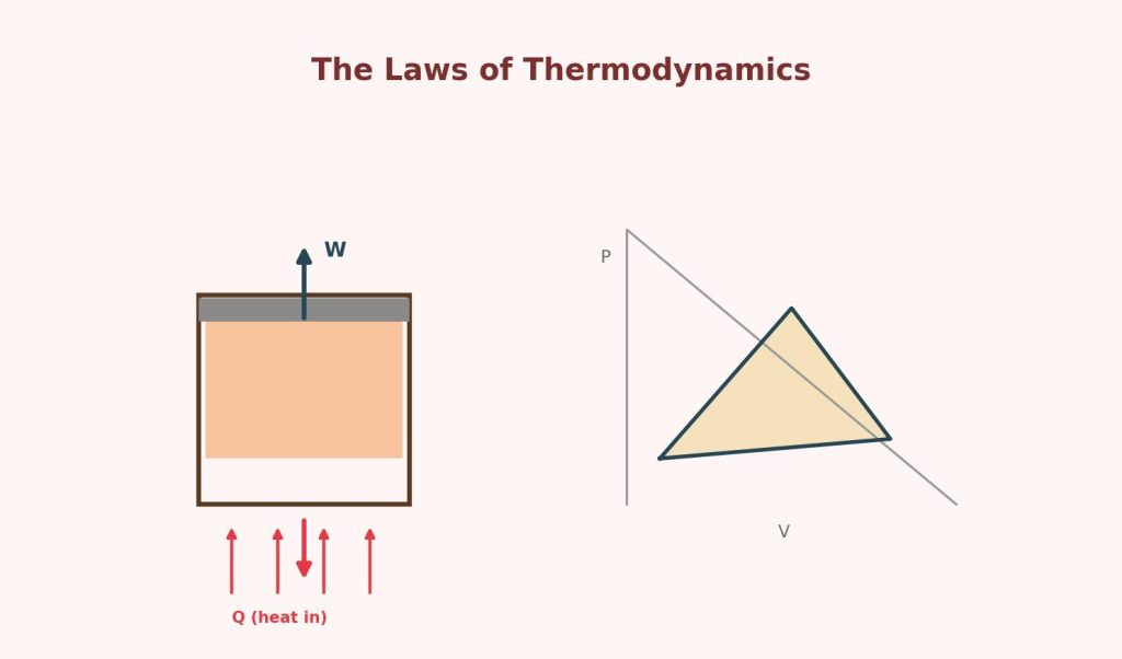 Illustration of a piston-cylinder heat engine with a pressure-volume diagram, representing the laws of thermodynamics.
