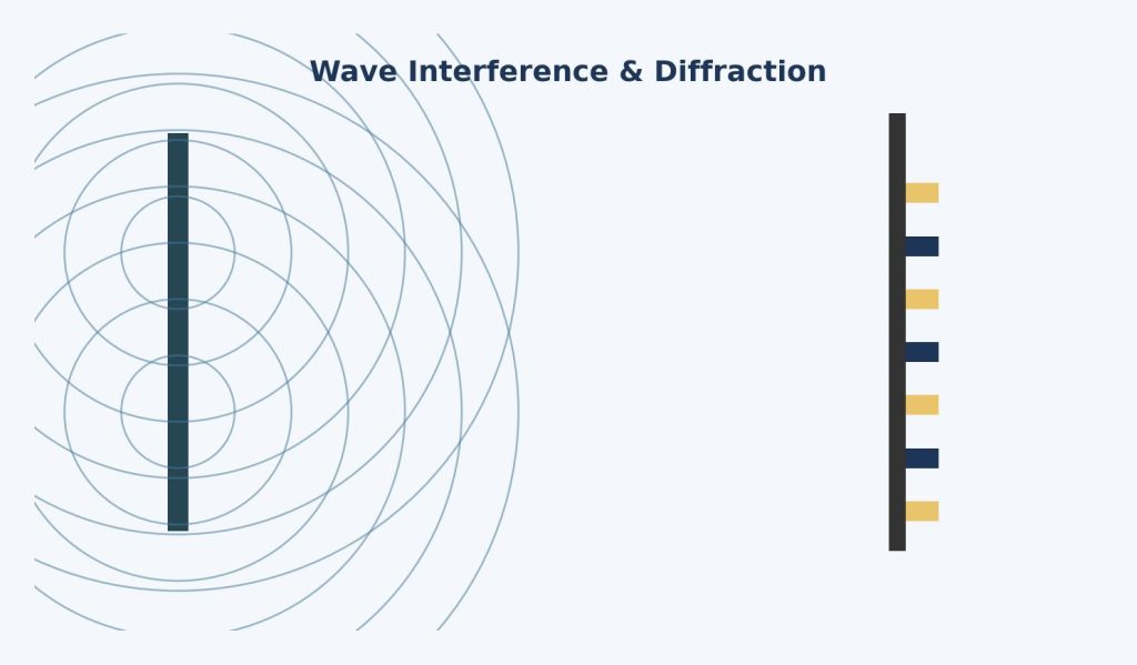 Illustration of overlapping wavefronts from two slits forming an interference pattern of bright and dark bands, representing Young's double-slit experiment.
