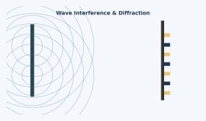 Illustration of overlapping wavefronts from two slits forming an interference pattern of bright and dark bands, representing Young's double-slit experiment.