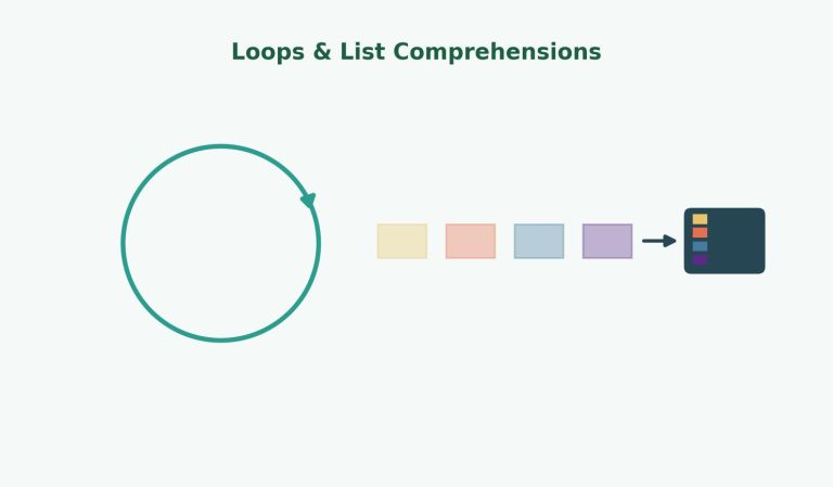 Illustration of a loop arrow transforming a row of data boxes into a compact list, representing Python loops and list comprehensions.