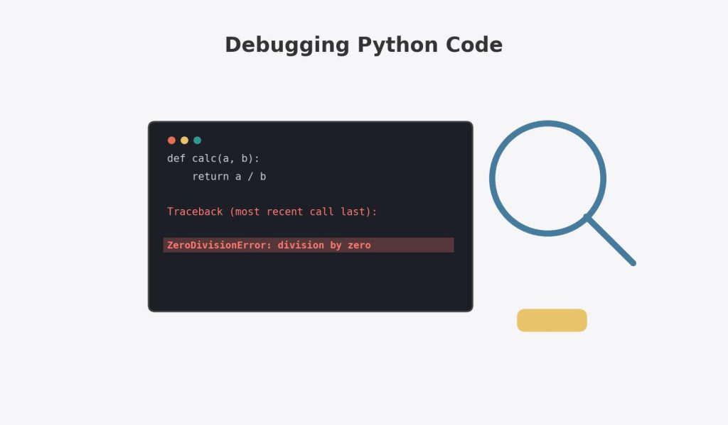 Illustration of a magnifying glass examining a code editor with a highlighted error line, representing debugging Python code.