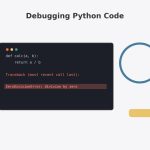 Illustration of a magnifying glass examining a code editor with a highlighted error line, representing debugging Python code.