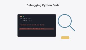 Illustration of a magnifying glass examining a code editor with a highlighted error line, representing debugging Python code.