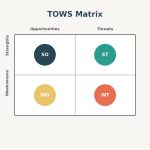 Illustration of a TOWS matrix grid showing the four strategy intersections SO, ST, WO, and WT.